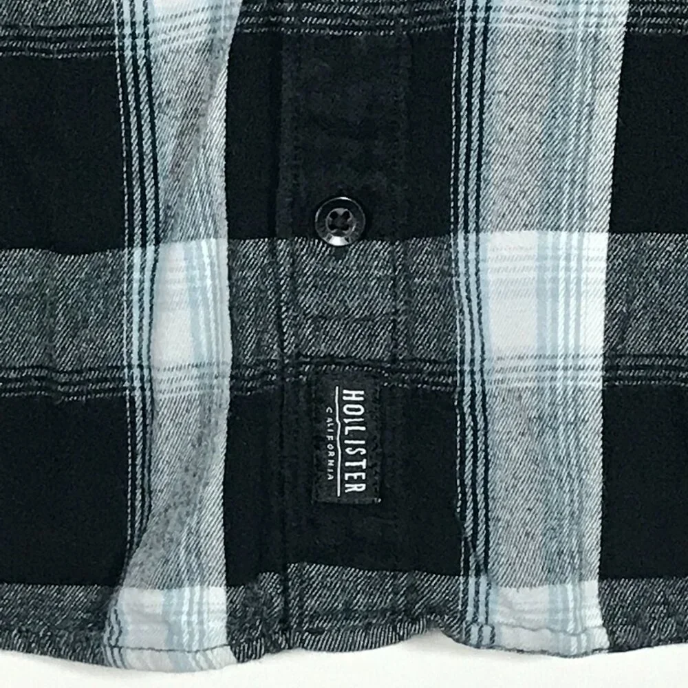 Hollister Men's XL Black Plaid Long Sleeve Button Up Hoodie Flannel Shirt - Picture 5 of 11